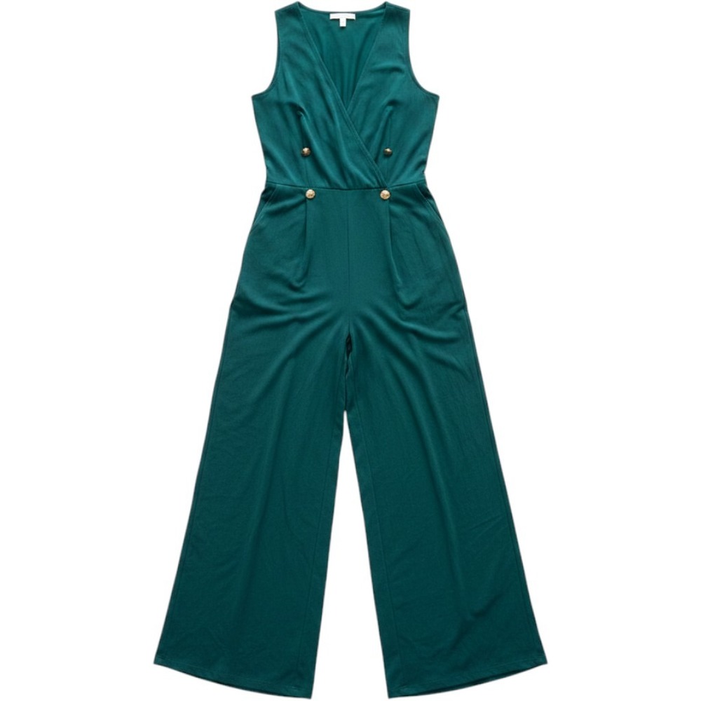 Halara V Neck Sleeveless Cool Touch Work Jumpsuit Teal Green Pockets Medium NWT